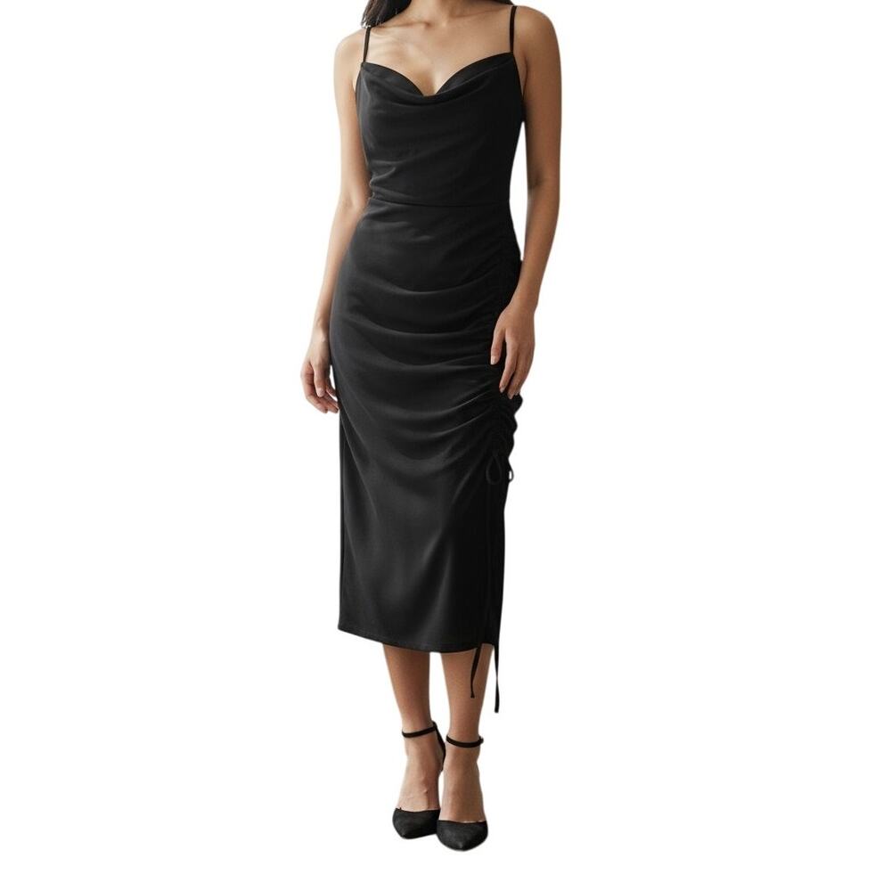NWT! Mable Midi Dress Black Side Ruched Cowl Neck Sleeveless Women Large NWT